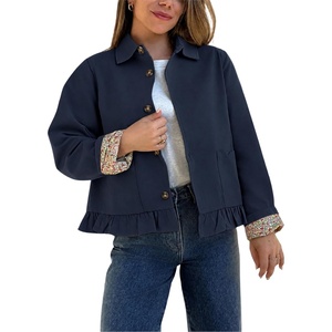 Women’s Cropped Trench Jacket Ruffle Hem Floral Lined Coat(Navy)