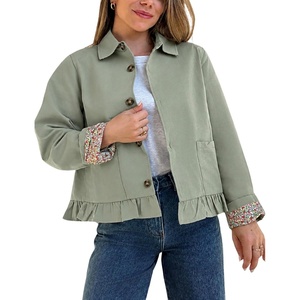 Women’s Cropped Trench Jacket Ruffle Hem Floral Lined Coat(Sagegreen)