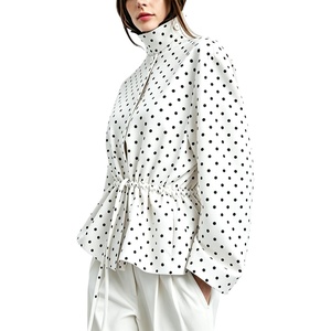 Women’s Drawstring Polka Dot Jackets Funnel Neck Button Down Short Casual Lightweight Parka Coat with Pockets(Beige)