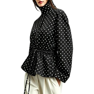 Women’s Drawstring Polka Dot Jackets Funnel Neck Button Down Short Casual Lightweight Parka Coat with Pockets(Black)
