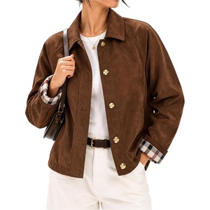 Women’s Faux Suede Trench Jacket Plaid Lining Button Casual Coat(Brown)