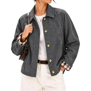 Women’s Faux Suede Trench Jacket Plaid Lining Button Casual Coat(Gray)