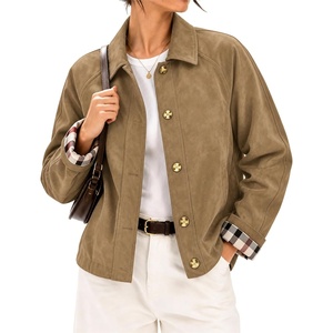 Women’s Faux Suede Trench Jacket Plaid Lining Button Casual Coat(Khaki)