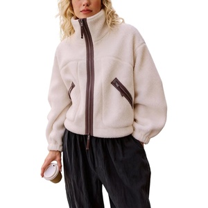 Women’s Fleece Cropped Jacket Funnel Neck Zip Up Fuzzy Teddy Coat(Beige)