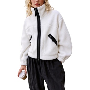 Women’s Fleece Cropped Jacket Funnel Neck Zip Up Fuzzy Teddy Coat(White)