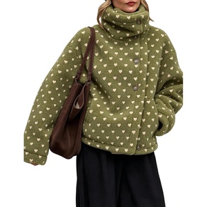 Women’s Heart Print Sherpa Fleece Jacket Button Down Teddy Coat(Armygreen)