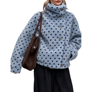 Women’s Heart Print Sherpa Fleece Jacket Button Down Teddy Coat(Blue)