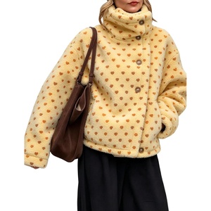 Women’s Heart Print Sherpa Fleece Jacket Button Down Teddy Coat(Butteryellow)