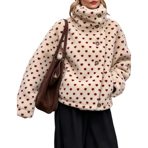 Women’s Heart Print Sherpa Fleece Jacket Button Down Teddy Coat(Cream)