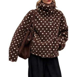 Women’s Heart Print Sherpa Fleece Jacket Button Down Teddy Coat(Darkbrown)