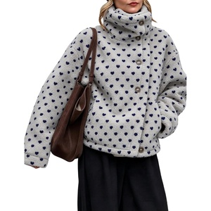 Women’s Heart Print Sherpa Fleece Jacket Button Down Teddy Coat(Grey)