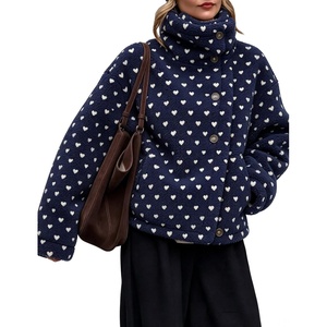 Women’s Heart Print Sherpa Fleece Jacket Button Down Teddy Coat(Navy)