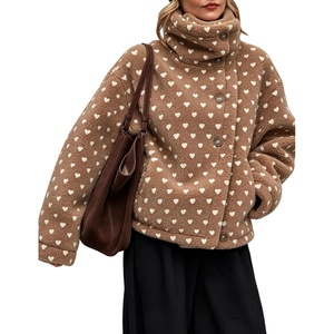 Women’s Heart Print Sherpa Fleece Jacket Button Down Teddy Coat(Taupe)