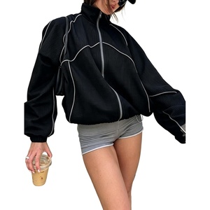 Women’s Mesh Track Jacket Oversized Zip Up Lightweight Coat(Black)