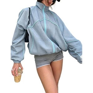 Women’s Mesh Track Jacket Oversized Zip Up Lightweight Coat(Blue)