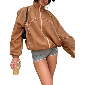 Women’s Mesh Track Jacket Oversized Zip Up Lightweight Coat(Brown)