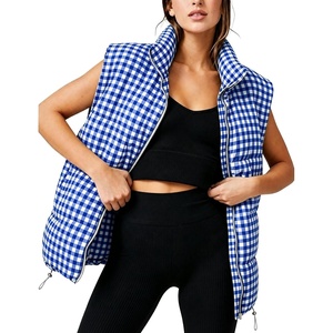 Women’s Oversized Puffer Vest Gingham Sleeveless Paded Gilet Jackets(Navy)