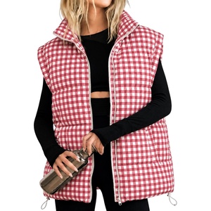 Women’s Oversized Puffer Vest Gingham Sleeveless Paded Gilet Jackets(Red)