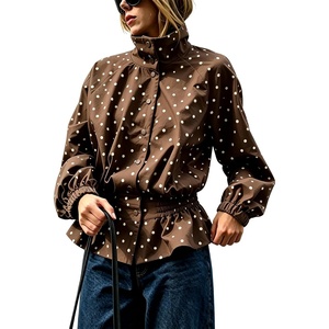 Women’s Polka Dot Casual Funnel Neck Lightweight Jackets(Coffee)