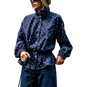 Women’s Polka Dot Casual Funnel Neck Lightweight Jackets(Navy)