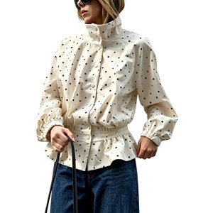 Women’s Polka Dot Casual Funnel Neck Lightweight Jackets(White)
