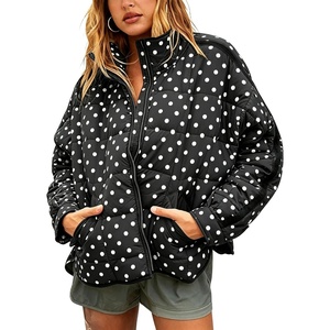 Women’s Polka Dot Puffer Jacket Quilted Zip Up Winter Coat Pockets(Black)