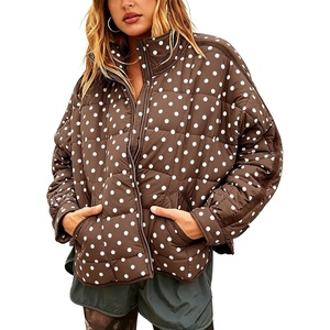 Women’s Polka Dot Puffer Jacket Quilted Zip Up Winter Coat Pockets(Brown)