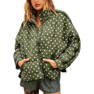 Women’s Polka Dot Puffer Jacket Quilted Zip Up Winter Coat Pockets(Green)