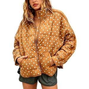 Women’s Polka Dot Puffer Jacket Quilted Zip Up Winter Coat Pockets(Orange)