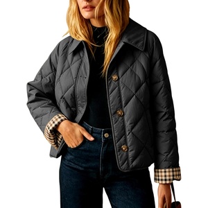 Women’s Puffer Jacket Quilted Lightweight Plaid Lining Padded Coat(Black)