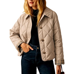 Women’s Puffer Jacket Quilted Lightweight Plaid Lining Padded Coat(Khaki)