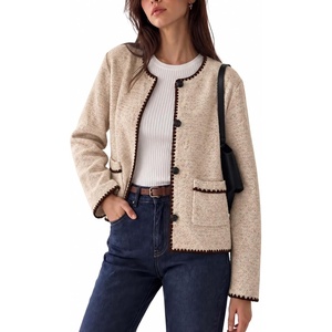 Women’s Tweed Jacket Button Down Contrast Trim Cropped Cardigan(Apricot)
