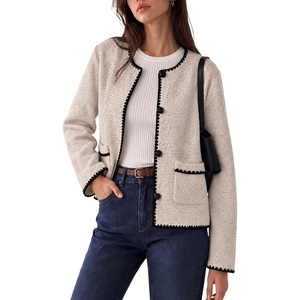 Women’s Tweed Jacket Button Down Contrast Trim Cropped Cardigan(Beige)