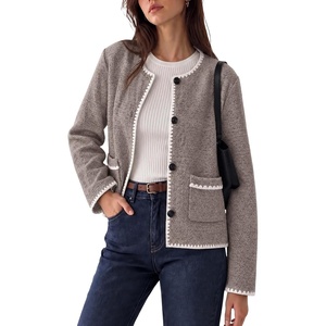 Women’s Tweed Jacket Button Down Contrast Trim Cropped Cardigan(Grey)
