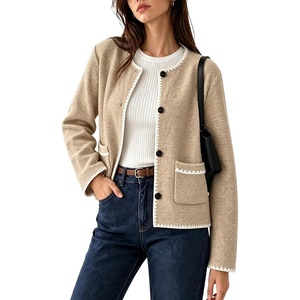 Women’s Tweed Jacket Button Down Contrast Trim Cropped Cardigan(Khaki)