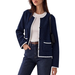 Women’s Tweed Jacket Button Down Contrast Trim Cropped Cardigan(Navy)