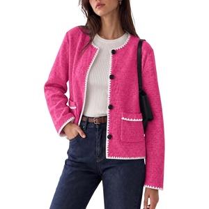 Women’s Tweed Jacket Button Down Contrast Trim Cropped Cardigan(Pink)