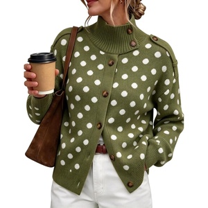 Yeokou Women Polka Dot Mock Neck Knit Cardigan Button Front Sweater Jacket(Armygreen)
