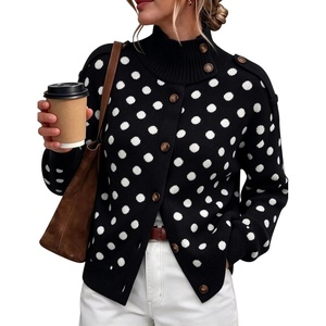 Yeokou Women Polka Dot Mock Neck Knit Cardigan Button Front Sweater Jacket(Black)