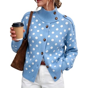 Yeokou Women Polka Dot Mock Neck Knit Cardigan Button Front Sweater Jacket(Blue)