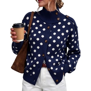 Yeokou Women Polka Dot Mock Neck Knit Cardigan Button Front Sweater Jacket(Navy)
