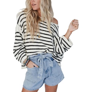 Yeokou Women Striped Off Shoulder Sweater Oversized Pullover(Black)