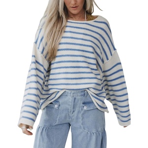 Yeokou Women Striped Off Shoulder Sweater Oversized Pullover(Blue)