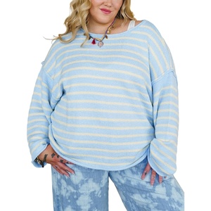 Yeokou Women Striped Off Shoulder Sweater Oversized Pullover(Lightblue)