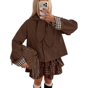 Yeokou Women Trench Coat Detachable Hood Bow Tie Jacket(Brown)