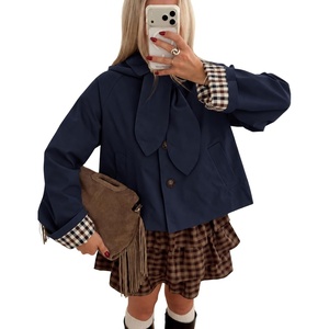 Yeokou Women Trench Coat Detachable Hood Bow Tie Jacket(Navy)