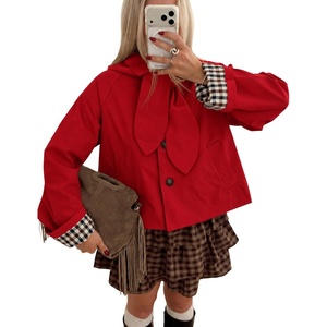 Yeokou Women Trench Coat Detachable Hood Bow Tie Jacket(Red)