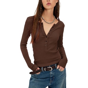Yeokou Women’s Ribbed Henley Shirt Slim Fit Long Sleeve Casual Top(Coffee)