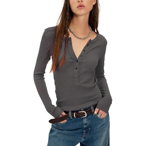 Yeokou Women’s Ribbed Henley Shirt Slim Fit Long Sleeve Casual Top(Darkgray)